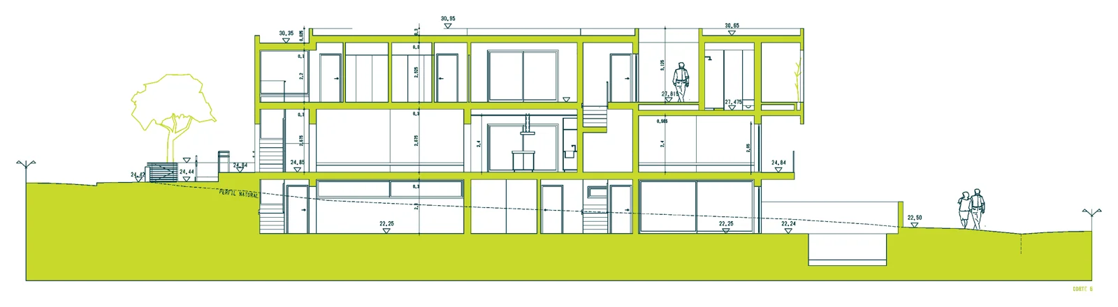 Corte de uma moradia em encosta, desenho de projeto do atelier